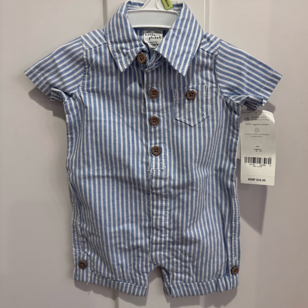Carter's Organic Little Planet Blue and White Striped Button Down outfit.